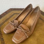 Talbots Brown Textured Leather Low Heel Square Toe Bow Size 6.5B Slip On Pump Photo 0