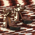 Nine West RARE Brown white cow print leather ankle strap platform sandals 5” heels Photo 0