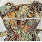 Nine West  off the shoulder tie waist flare sleeve sand dune abstract boho maxi dress 6 cream red blue  Photo 9