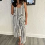 Cloth & Stone Anthropologie Gray White Linen Blend Striped Belted Jumpsuit Small Photo 4