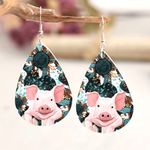 Faux leather piggy sunflower print dangle light‎ weight earrings Pink Photo 6