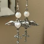 SheIn  wing & faux pearl heart drop earrings silver Photo 0