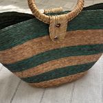 Handmade  Paper Straw Green and Tan Striped Tote Photo 3