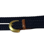 Woven Elastic Belt Womens M – Navy Leather Trim Solid Brass Buckle Blue Size M Photo 0