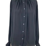 Aritzia Babaton Blouse Top Button Down Collarless Long Sleeve Satin Black Small Photo 0