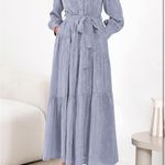 Dowerme Women's Long Sleeve Button Up Floral Print Belted Tiered Boho Maxi Dress Blue Size L Photo 6