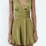 ZARA  dress halter open back tie bow Elegant Olive Green Satin wedding party  Photo 11