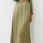 ZARA NEW Khaki Olive Green Silky Satin Cutout Long Sleeve Midi Maxi Dress Sz XS Photo 0