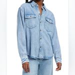 Good American  Weighless Easy Denim Button Up Shirt Size 3 Distressed Light Wash Photo 3