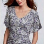 CAbi  Gray Purple Flutter Short Sleeve‎ Floral 301 Blouse Photo 0