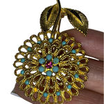 Vintage Gold Tone Flower Brooch Turquoise & Pink Rhinestone Floral Pin Photo 0