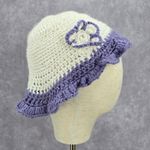 Vintage Y2K Crochet Festival Kawaii Purple White Knit Beanie Floral Funky Hat Photo 0