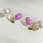 Trendy Elegant Purple Tulip Flower Pearl Stud Earrings, Women's‎ Stud Earrings Gold Photo 2