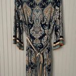 Studio One Blue Tan Paisley Dress with Bell Sleeves & Tie Belt | Large Photo 0