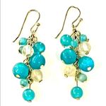 American Vintage Beaded Dangle Drop Earrings Teal Blue White Ball Bead Clusters French Hook Vtg Photo 0