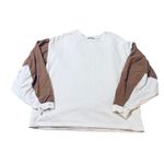 ZARA Women Medium Off White Brown Tan Crew Neck Shirt 100% Cotton Long Sleeve Photo 0