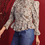 Peplum‎ Puff Sleeve Button Down Horse Shirt Size Large Brown Photo 0