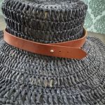 Ralph Lauren  women raffia straw boater hat navy blue with brown leather belt Photo 3