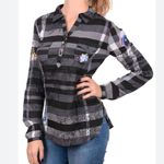 Desigual Shirt Women L Black Gray Striped Floral Embroidery Laura Illa Popover Photo 15