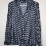 Something Navy Blue Silky Geometric Print Casual Button Up Shirt Top Photo 0