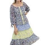 Figueroa & Flower Ditzy Mixed Blue & Yellow Floral Tiered Boho Prairie Dress S Photo 0