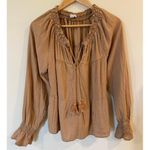 American Eagle Outfitters Puff Sleeve Linen Tie Neck Blouse Tan Women's Medium Photo 0