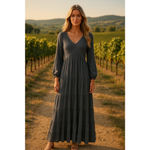 In Loom  Smocked Maxi Dress Slate Gray Charcoal Long Sleeve Tiered Cotton Gauze L Photo 1