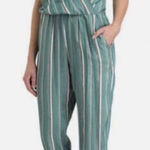 Maje  Pandora Woven Stripe Twill Jacquard Jumpsuit Sz 34 / XS / 2 Aqua teal ASO Photo 0
