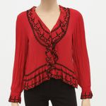 Ny Collection  Shirt Womens Large Petite Red Black‎ Ruffle Button Up Boho Cottage Photo 0