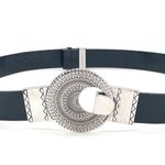 Chico's Chico’s Black Genuine Leather Belt SM Silver Round Medallion Buckle Boho Tribal Photo 3
