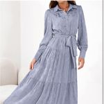 Dowerme Women's Long Sleeve Button Up Floral Print Belted Tiered Boho Maxi Dress Blue Size L Photo 1