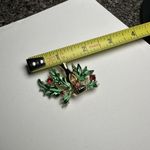 BJ Christmas Candle Red Rhinestone Holly Green Enamel Gold Tone Brooch Pin Photo 6