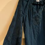 J. Jill Blouse Top Long Sleeve Shirt Velvet Floral Applique Embroidery Teal MED Blue Photo 3