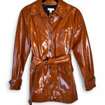 Topshop  Brown Faux Patent Leather Trench Coat Jacket Womens 8 Preppy Fall Classy Photo 0