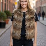Brown Pine and Needles Faux Fur Vest‎ with Orange Lining Boho Festival Layer Sm Photo 3