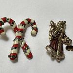 Lot Of 2 Christmas Holiday Brooch Pins Gold Tone Candy Cane / Santa Claus Photo 0
