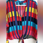 EXPRESS Colorblock Tie Waist Blouse, Red/Blue/Yellow/Orange, Size Medium Photo 2
