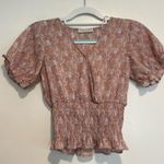 Paper Crane Paper and Crane XS Pink Paisley Faux Wrap VNeck Smocked Puff Sleeve Blouse. Photo 0