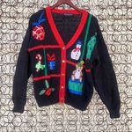 Vintage knit ugly Christmas cardigan sweater sampler applique bell present tree Red Size L Photo 0