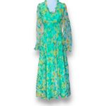 Vintage 70s Green Floral Chiffon Maxi Dress Ruffle Neckline Sheer Sleeves Flowy Photo 10