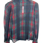 J.Crew XS Plaid Print Sheer Ruffle Mock Neck Long Sleeve Top Blouse Holiday NWT Photo 0