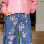 LovLov NWT Floral Print Elastic Waist Button Fly Wide Leg Denim Pants Blue Size undefined Photo 0