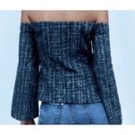 ZARA  Womens Tweed‎ Off The Shoulder Square Neck Long Sleeve Top Blue Small NWT Photo 3