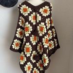 Vintage Granny Square Floral Afghan Crochet Poncho Shawl Sweater Handmade Brown Size M Photo 0