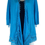 Chico's Linen Blend Tassel Trim Open Front Cardigan Lace Hem Size XLP Photo 0