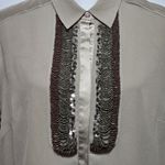 Coldwater Creek  Beaded Embellished Sheer Button Up Shirt Taupe XL Elegant Luxe Photo 2
