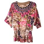 Chico's  Shirt Womens Small Beige Pink Floral Embellished Beaded Smocked Boho Photo 1