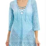 Lace Up Swim Cover Up Tunic Stretch Side Slits V Neck Semi Sheer Size L Blue Size L Photo 0