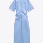 ZARA Blue Ruched Buttoned Slit Midi Dress Photo 3