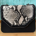 Valentina Fiora Black Leather Purse Snakeskin Shoulder Bag Crossbody Chain Strap Photo 0
